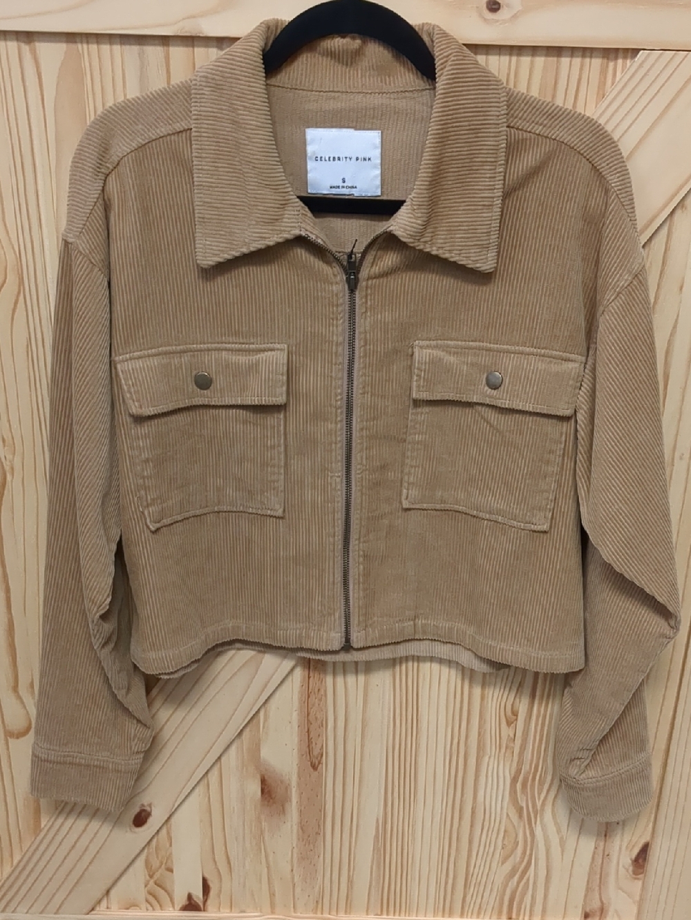 Celebrity Pink Cropped Corduroy Jacket in Tan